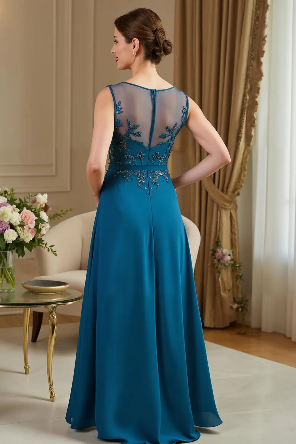 Peacock Blue A-Line Illusion Neck Long Mother of the Bride Dress with Lace Appliques sold by Zapaka product image thumbnail 2