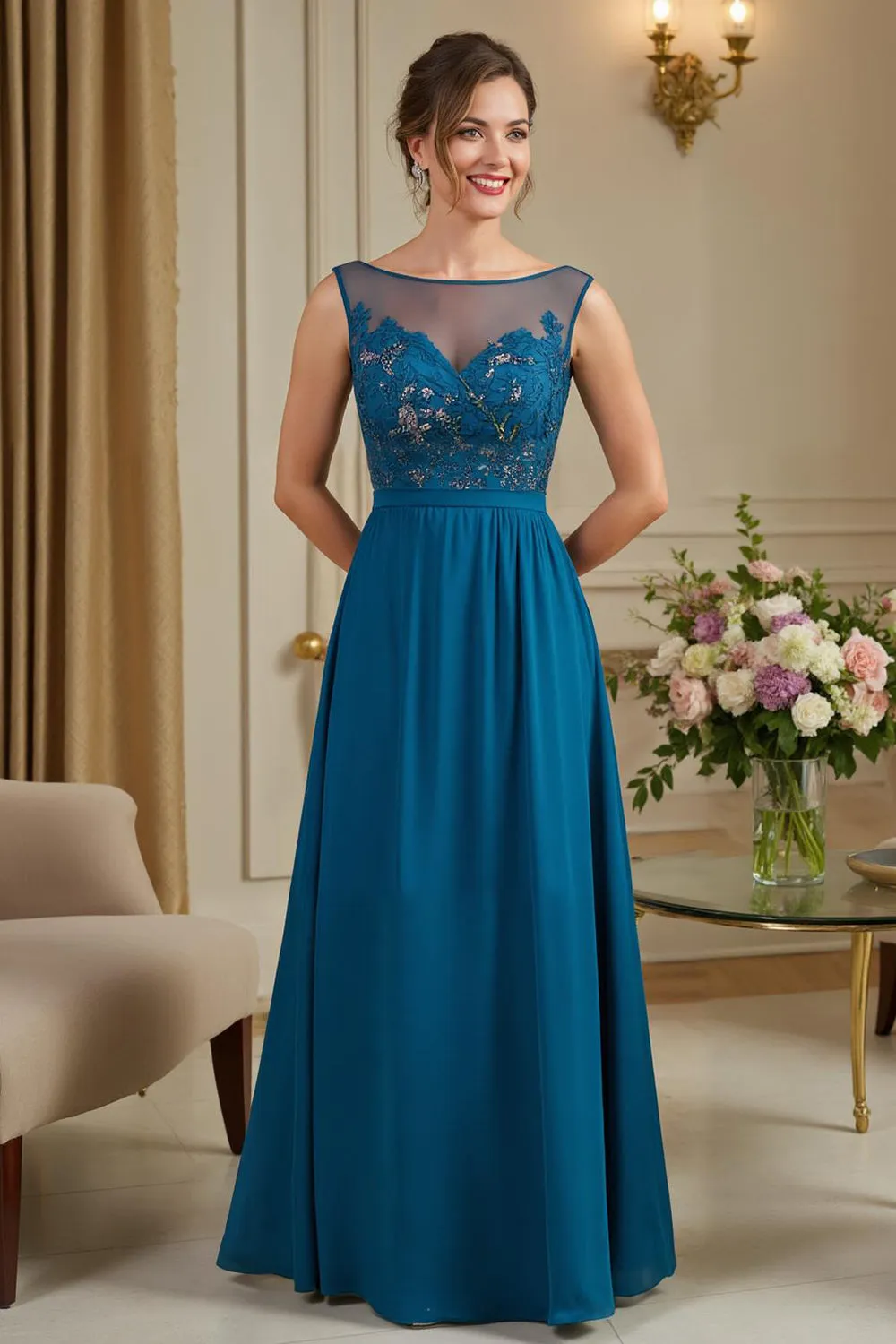 Peacock Blue A-Line Illusion Neck Long Mother of the Bride Dress with Lace Appliques sold by Zapaka