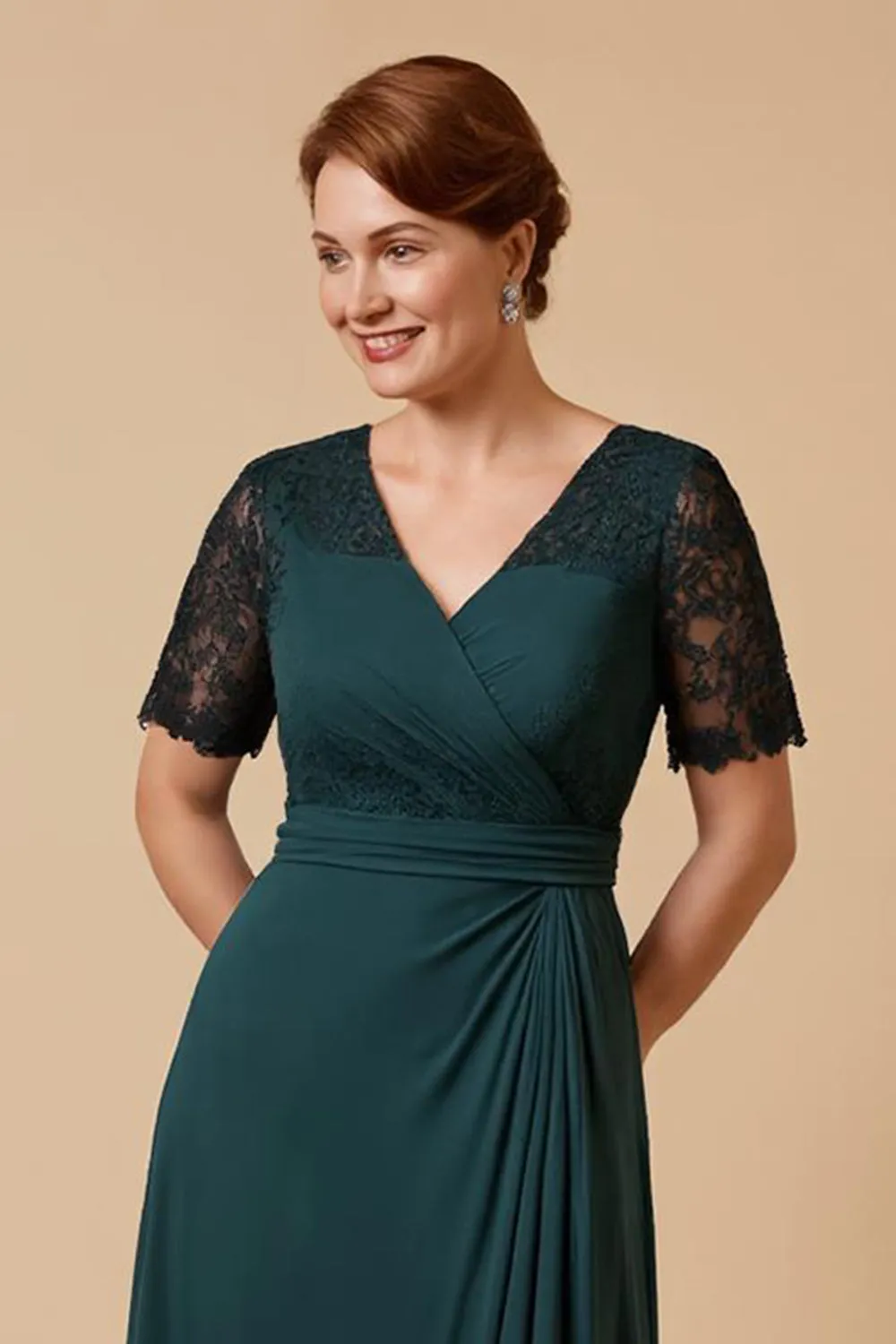 Pine Sheath V-Neck Short Sleeve Mother of the Bride Dress with Lace sold by Zapaka product image thumbnail 3