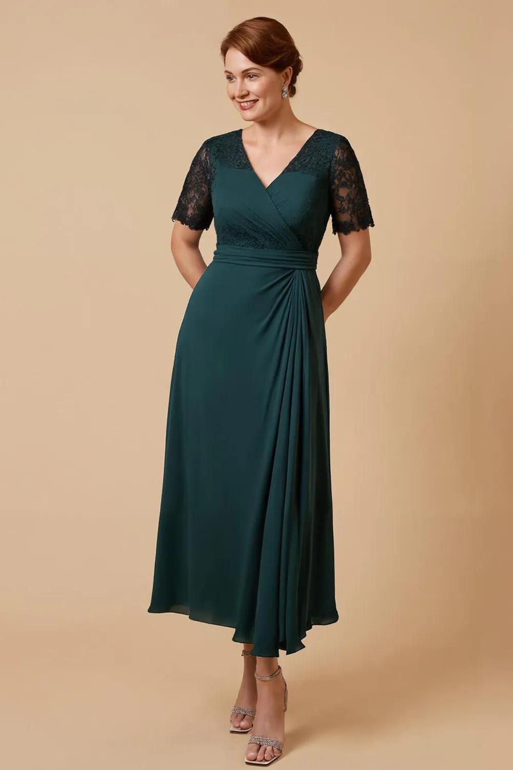 Pine Sheath V-Neck Short Sleeve Mother of the Bride Dress with Lace sold by Zapaka