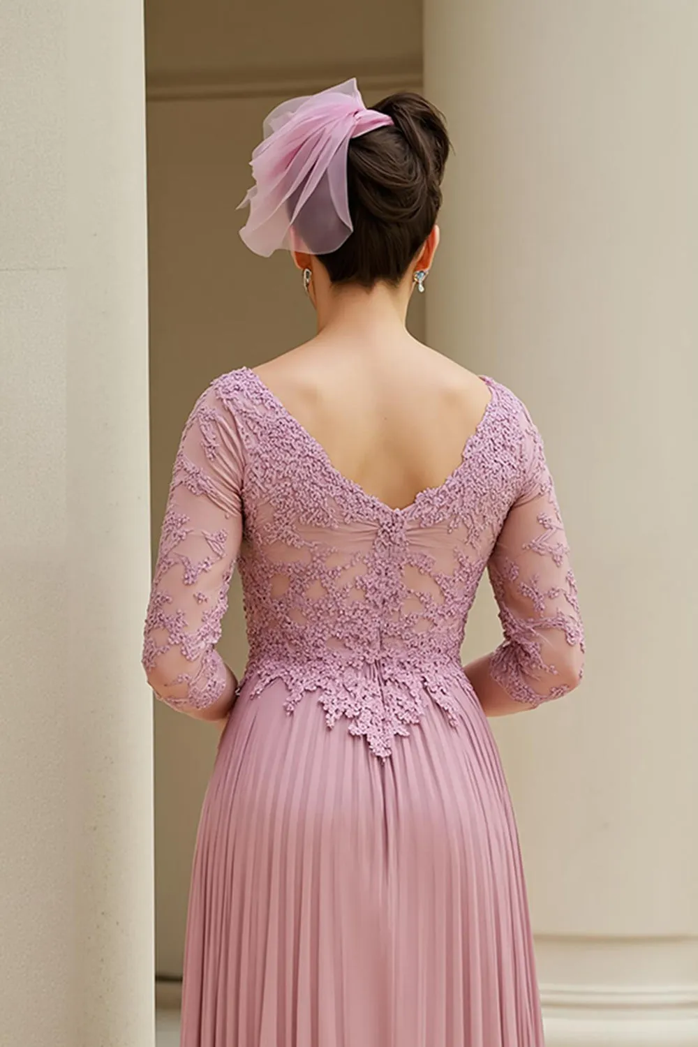 Dusty Rose A-Line V-Neck 3/4 Sleeves Mother of the Bride Dress with Appliques sold by Zapaka product image thumbnail 4