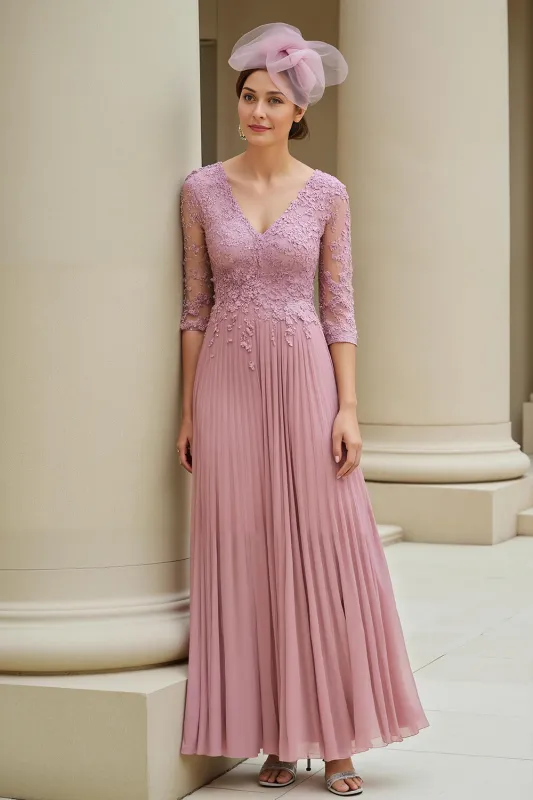 Dusty Rose A-Line V-Neck 3/4 Sleeves Mother of the Bride Dress with Appliques sold by Zapaka