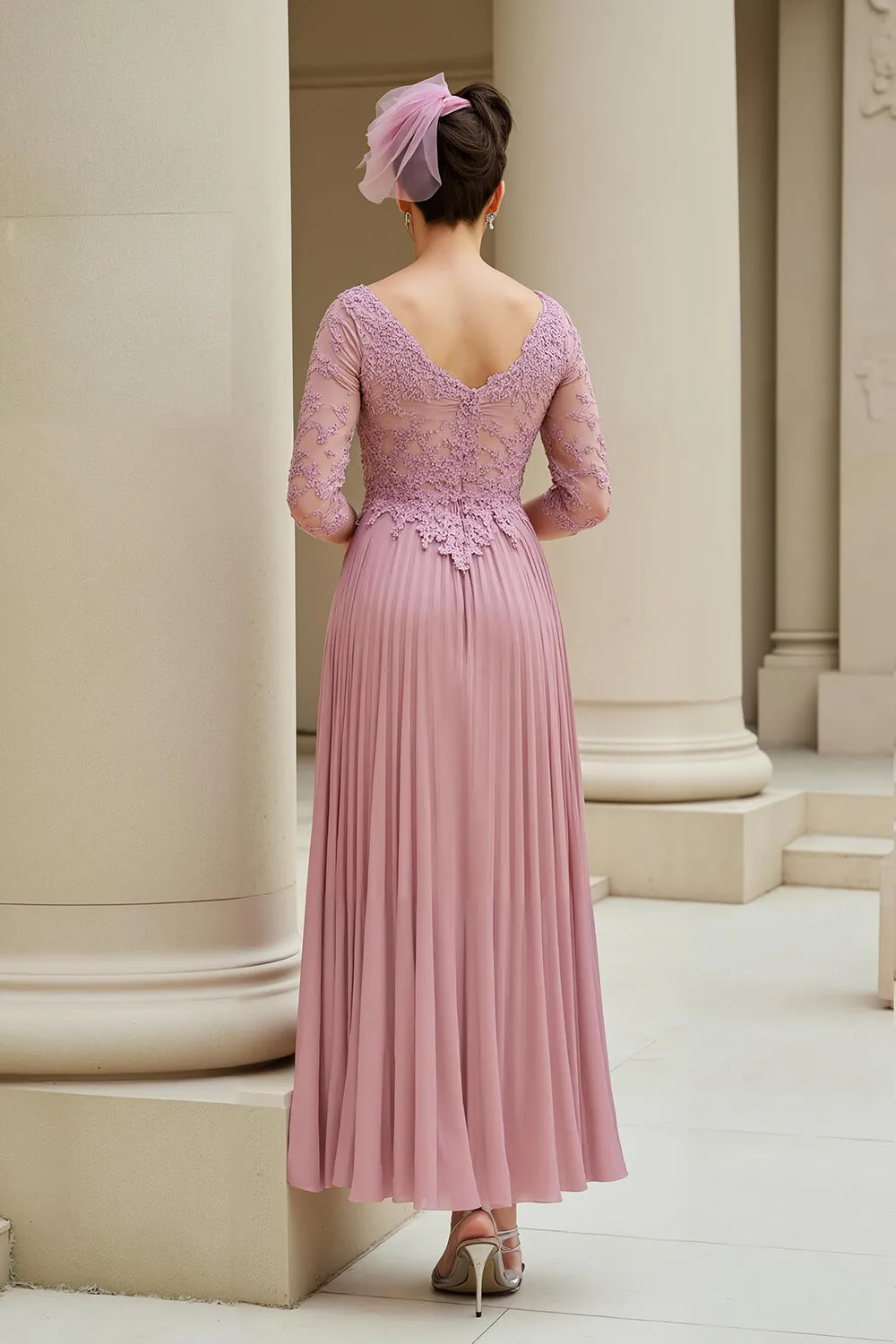 Dusty Rose A-Line V-Neck 3/4 Sleeves Mother of the Bride Dress with Appliques sold by Zapaka product image thumbnail 2