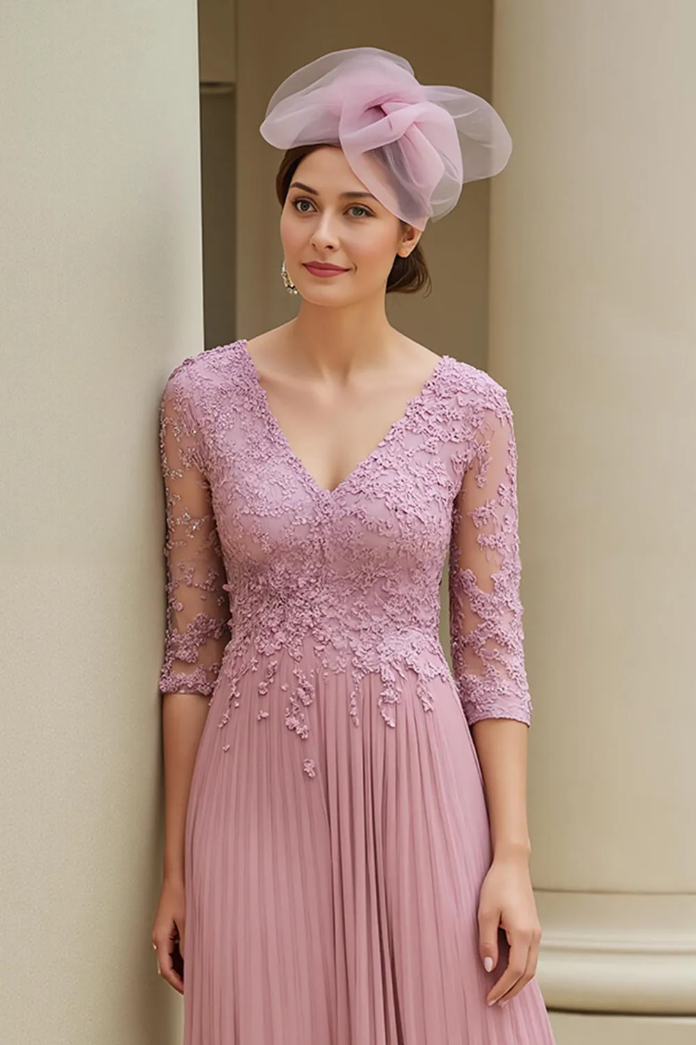 Dusty Rose A-Line V-Neck 3/4 Sleeves Mother of the Bride Dress with Appliques sold by Zapaka product image thumbnail 3