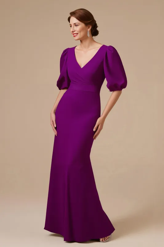 Grape Mermaid V-Neck Ruched Half Sleeve Mother of the Bride Dress sold by Zapaka
