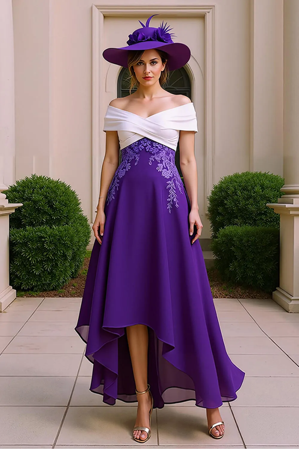 A Line Purple V-Neck Ruched Mother of the Bride Dress with Lace Appliques sold by Zapaka