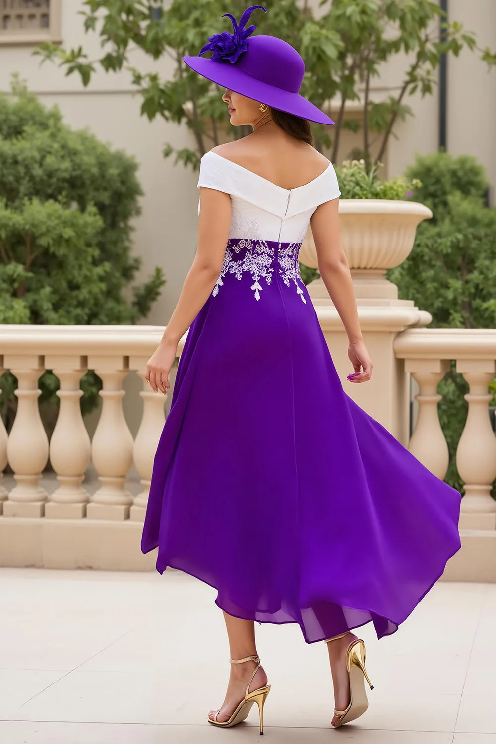 A Line Purple V-Neck Ruched Mother of the Bride Dress with Lace Appliques sold by Zapaka product image thumbnail 2