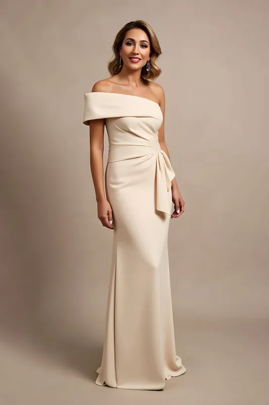 Apricot One Shoulder Ruched Long Satin Mother of the Bride Dress with Beading sold by Zapaka