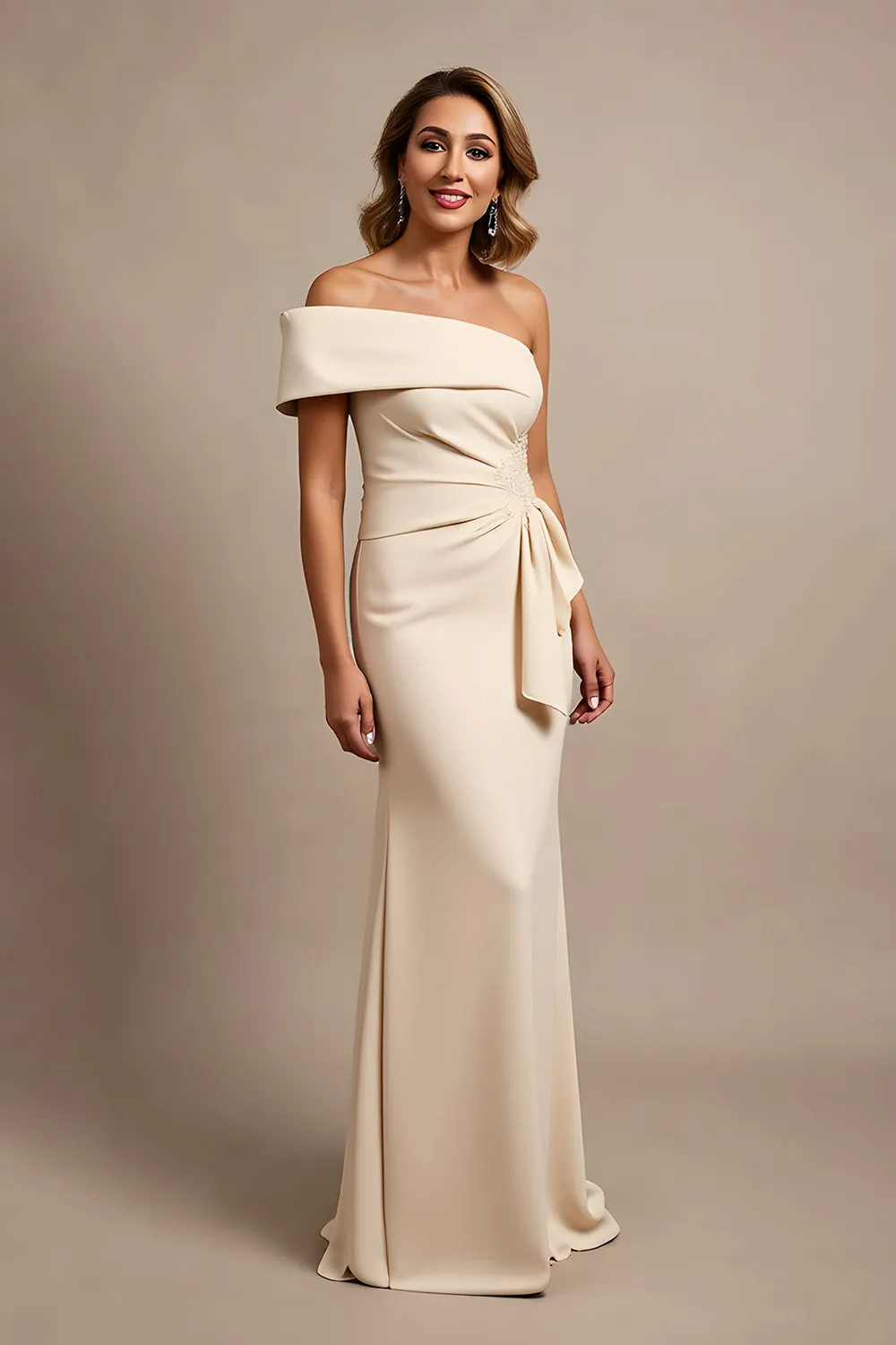 Apricot One Shoulder Ruched Long Satin Mother of the Bride Dress with Beading sold by Zapaka