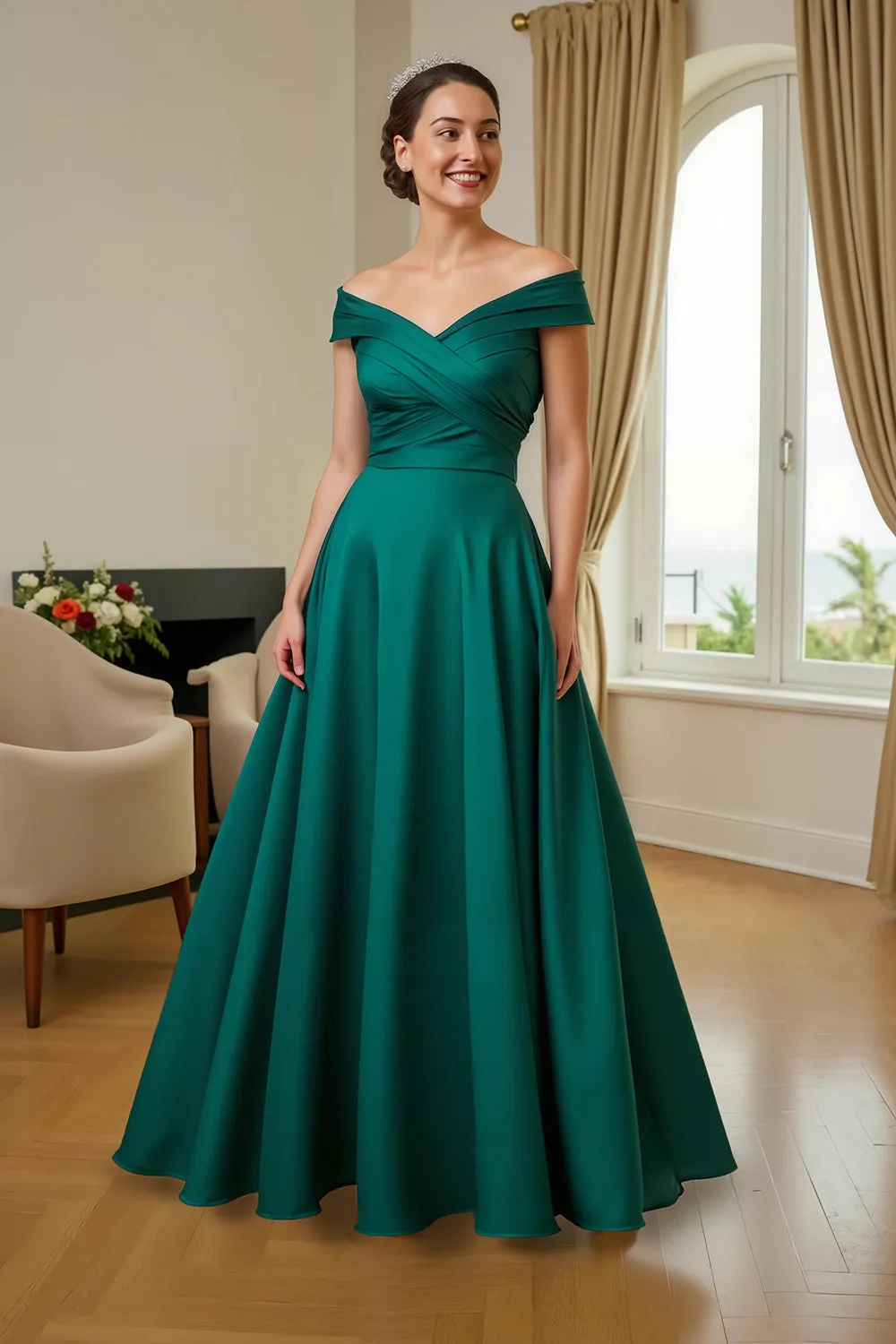 Dark Green A-Line V-Neck Ruched Long Mother of the Bride Dress with Ruffles sold by Zapaka