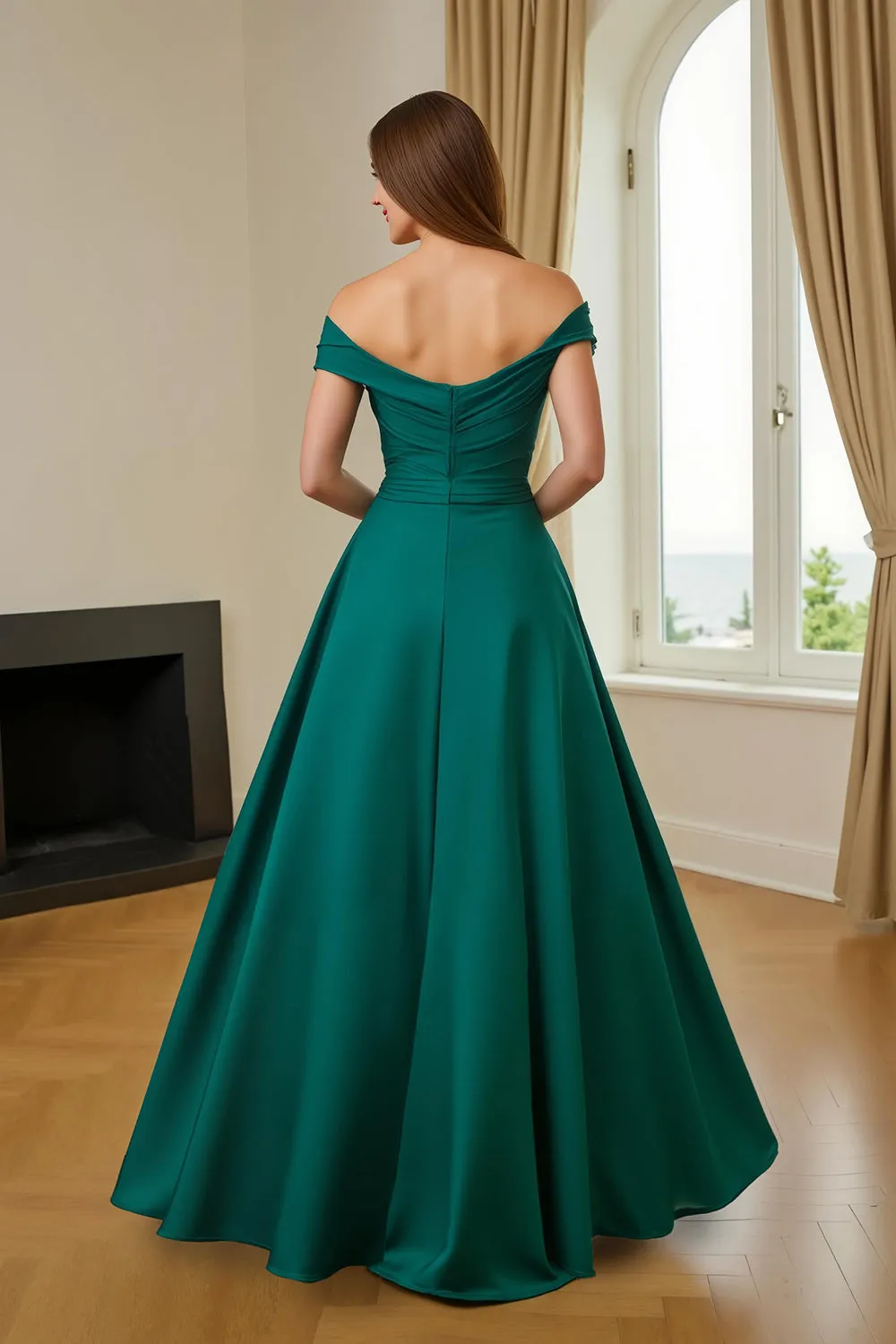 Dark Green A-Line V-Neck Ruched Long Mother of the Bride Dress with Ruffles sold by Zapaka product image thumbnail 2