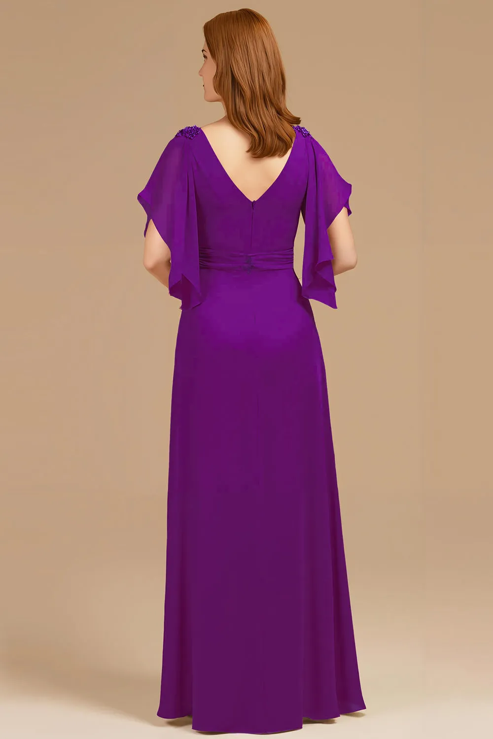 A-Line Grape V-Neck Ruched Flutter Sleeve Long Mother of the Bride Dress sold by Zapaka product image thumbnail 2