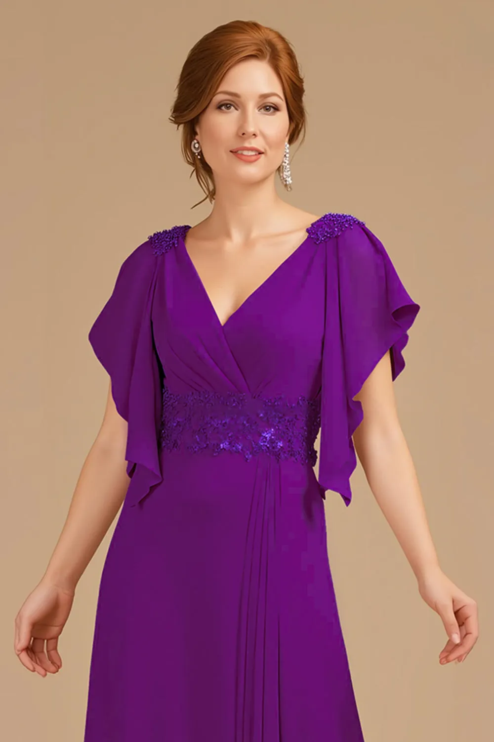 A-Line Grape V-Neck Ruched Flutter Sleeve Long Mother of the Bride Dress sold by Zapaka product image thumbnail 3