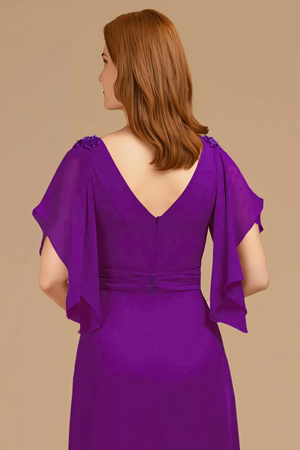 A-Line Grape V-Neck Ruched Flutter Sleeve Long Mother of the Bride Dress sold by Zapaka product image thumbnail 4