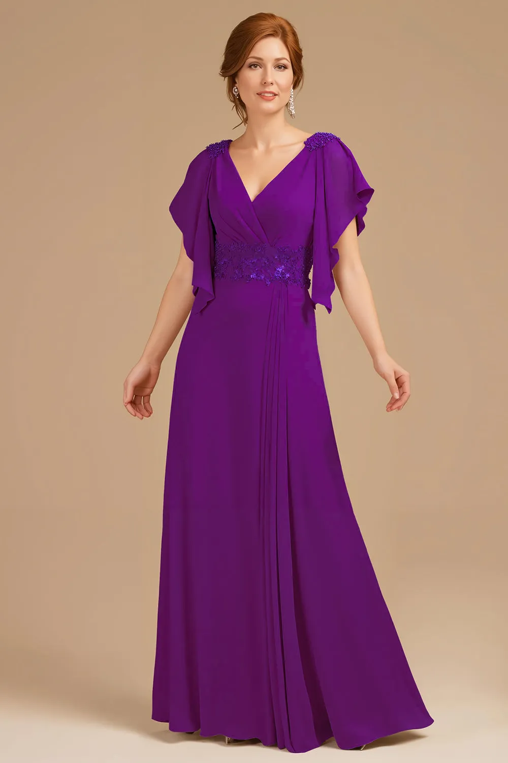 A-Line Grape V-Neck Ruched Flutter Sleeve Long Mother of the Bride Dress sold by Zapaka