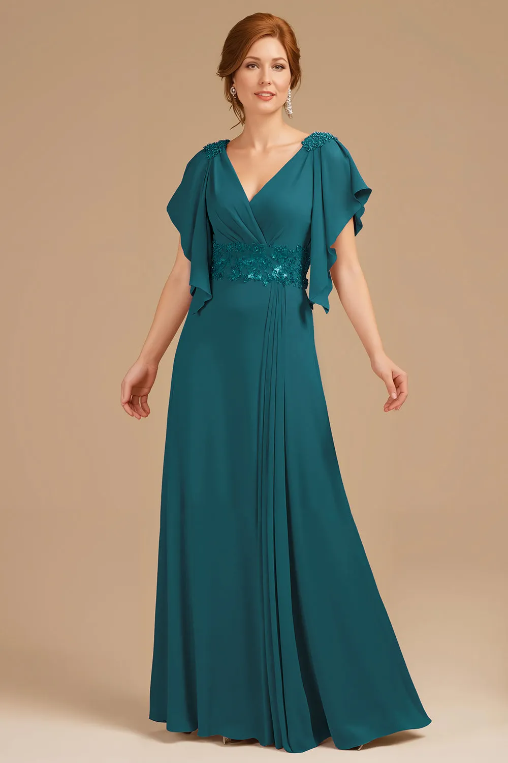 A-Line Grape V-Neck Ruched Flutter Sleeve Long Mother of the Bride Dress sold by Zapaka product image thumbnail 5