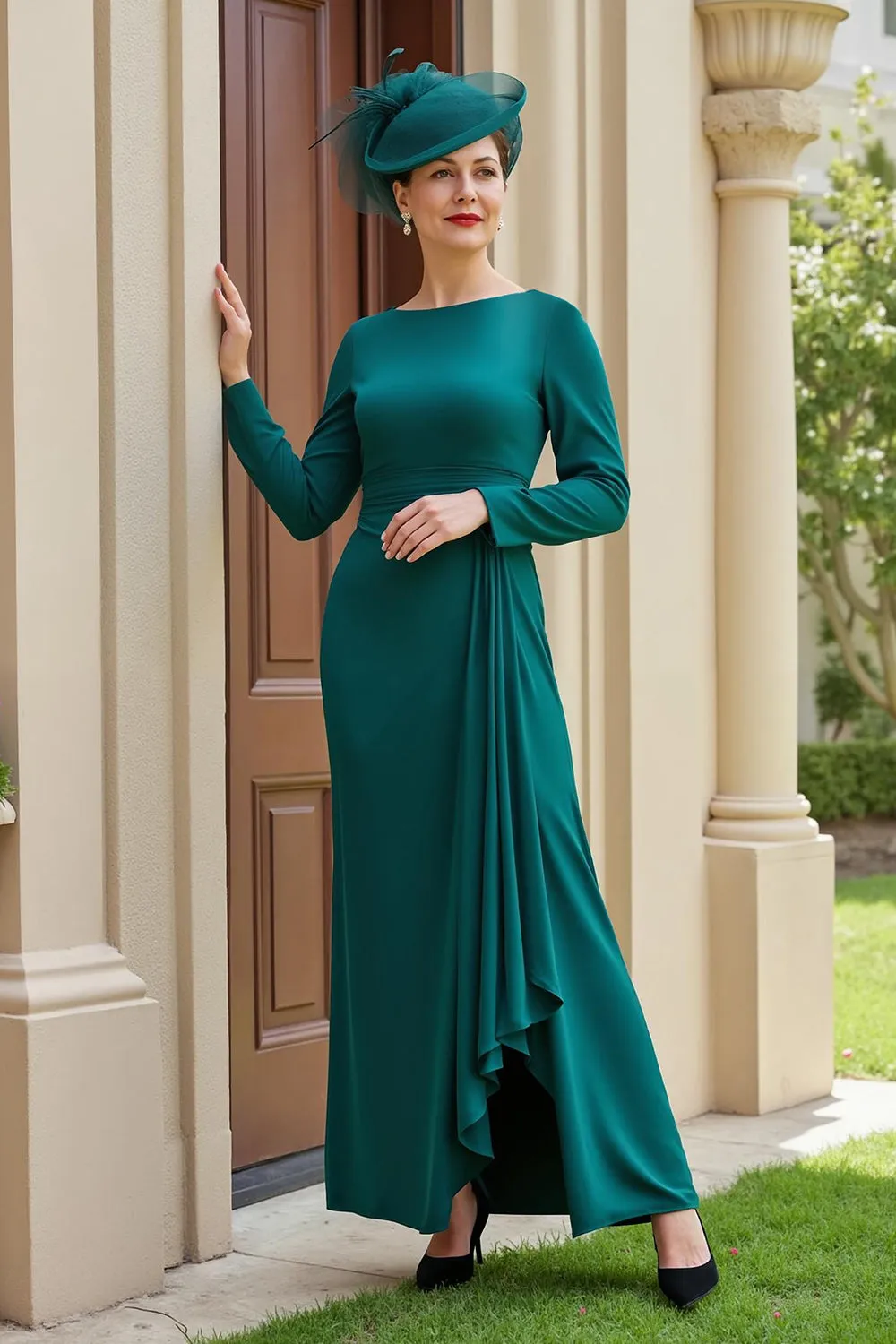Dark Green A-Line Bateau Long Sleeves Mother of the Bride Dress with Slit sold by Zapaka