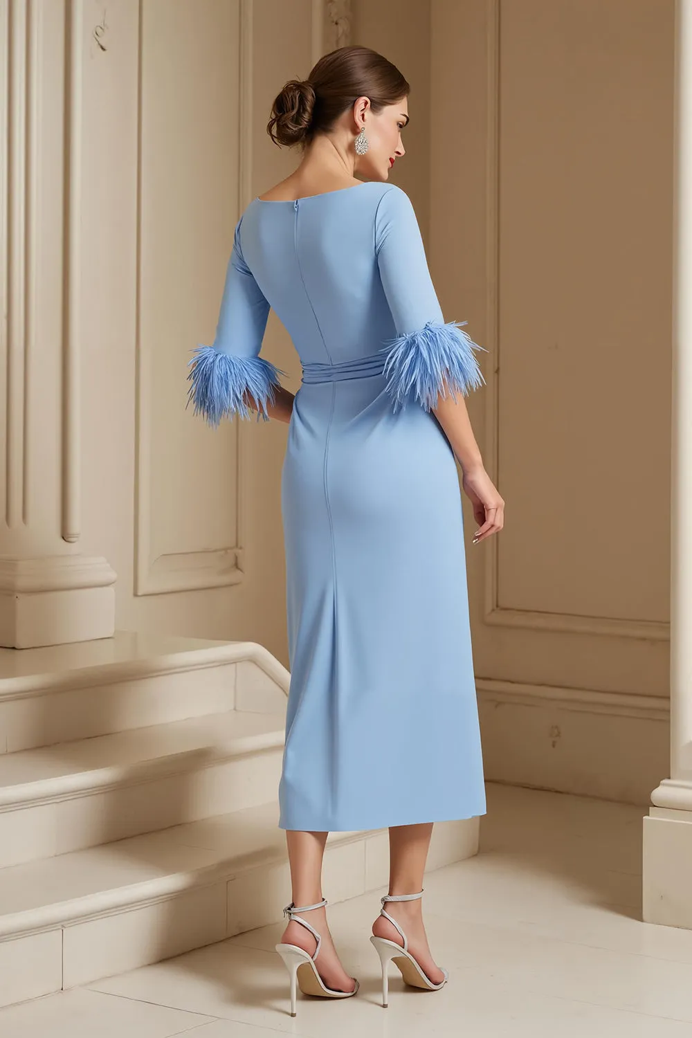 Light Blue Stretch Satin Bateau Neck Sheath Wedding Guest Dress with Feather sold by Zapaka product image thumbnail 2