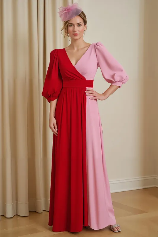 Red V Neck Chiffon A Line Wedding Guest Dress sold by Zapaka