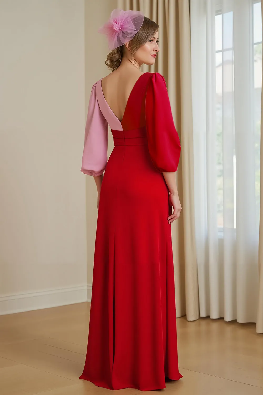 Red V Neck Chiffon A Line Wedding Guest Dress sold by Zapaka product image thumbnail 2