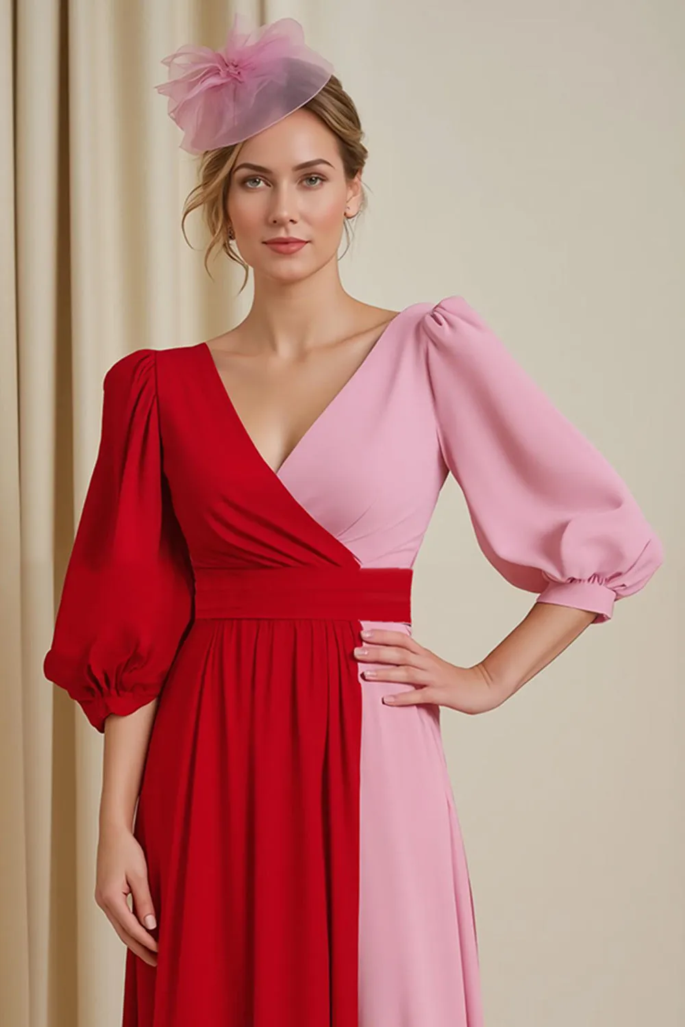 Red V Neck Chiffon A Line Wedding Guest Dress sold by Zapaka product image thumbnail 3