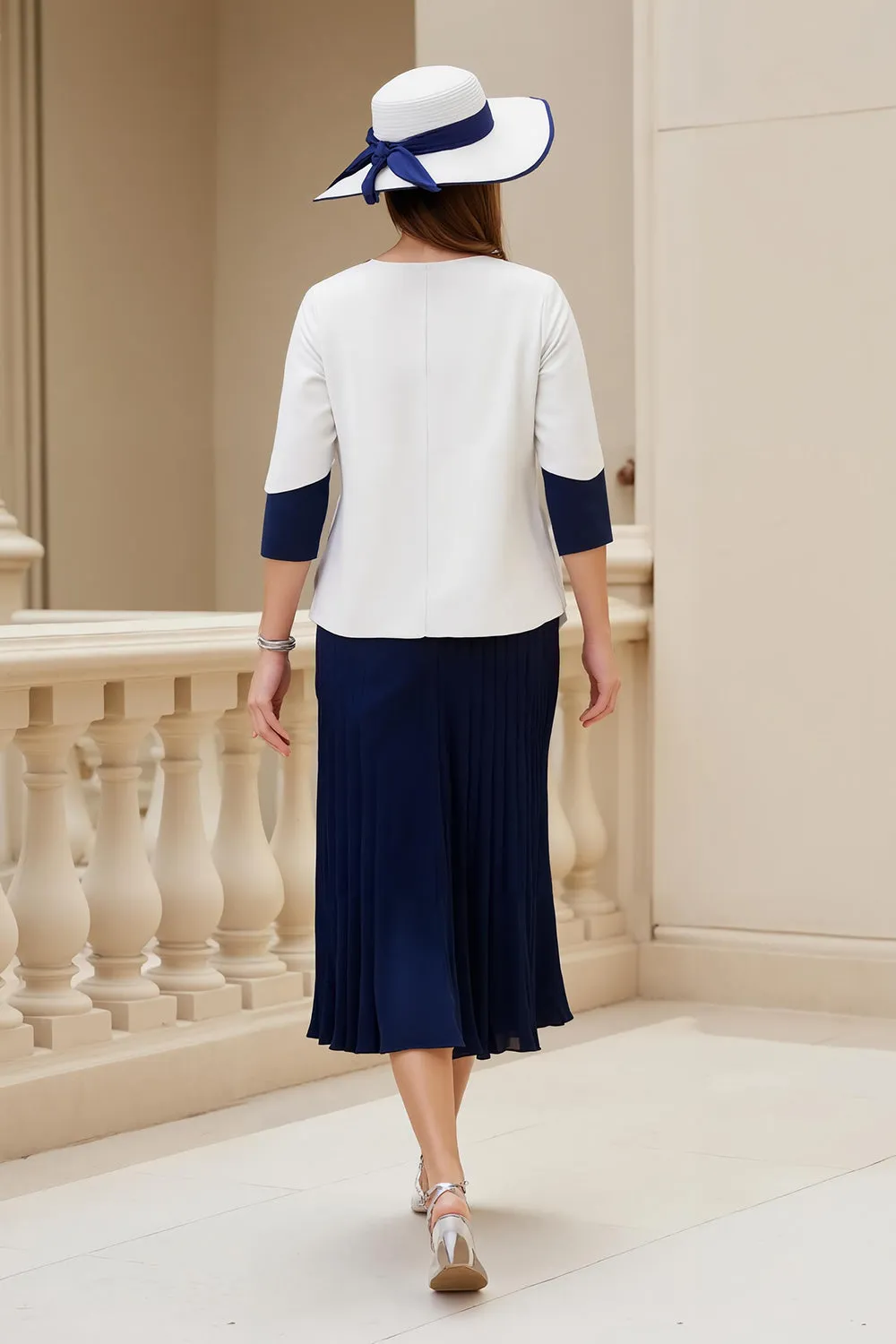 Navy 2 Piece Stretch Satin A Line Wedding Guest Dress sold by Zapaka product image thumbnail 2