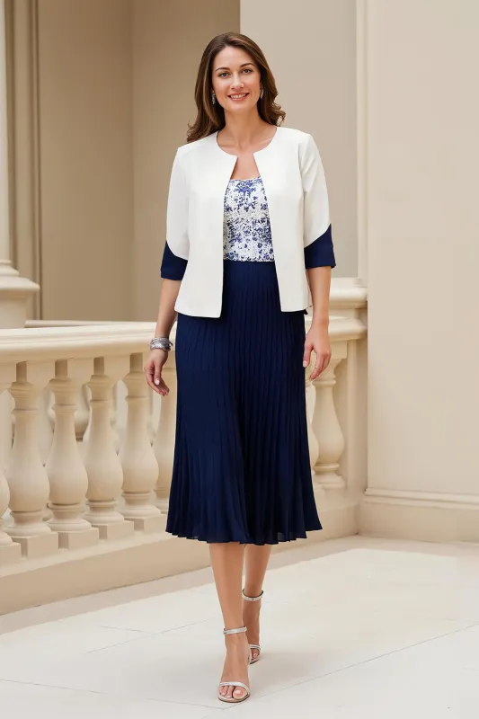 Navy 2 Piece Stretch Satin A Line Wedding Guest Dress sold by Zapaka