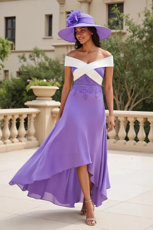 Purple Chiffon A Line High-Low Off the Shoulder Wedding Guest Dress sold by Zapaka