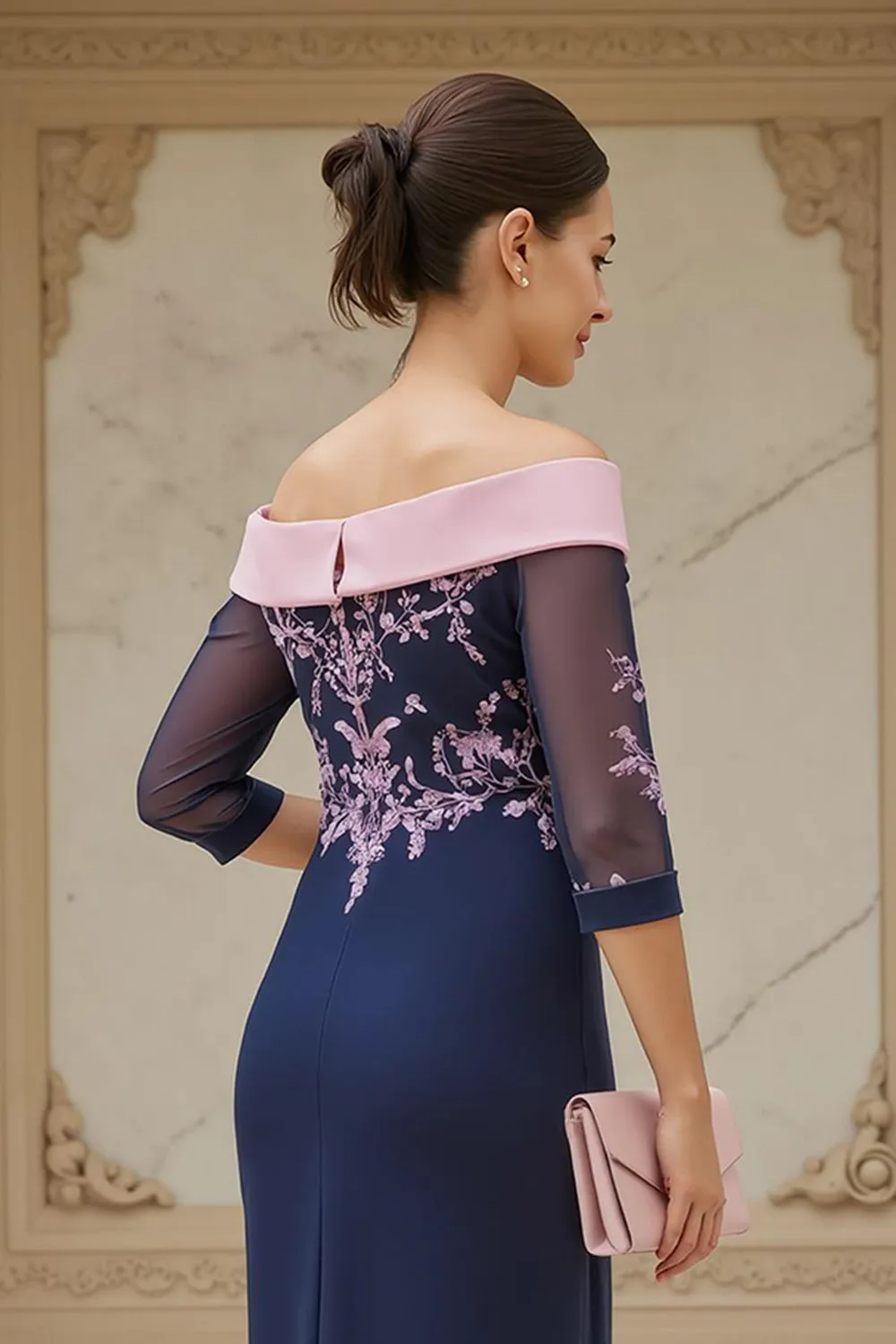 Off the Shoulder Chiffon Sheath Navy Wedding Guest Dress sold by Zapaka product image thumbnail 4
