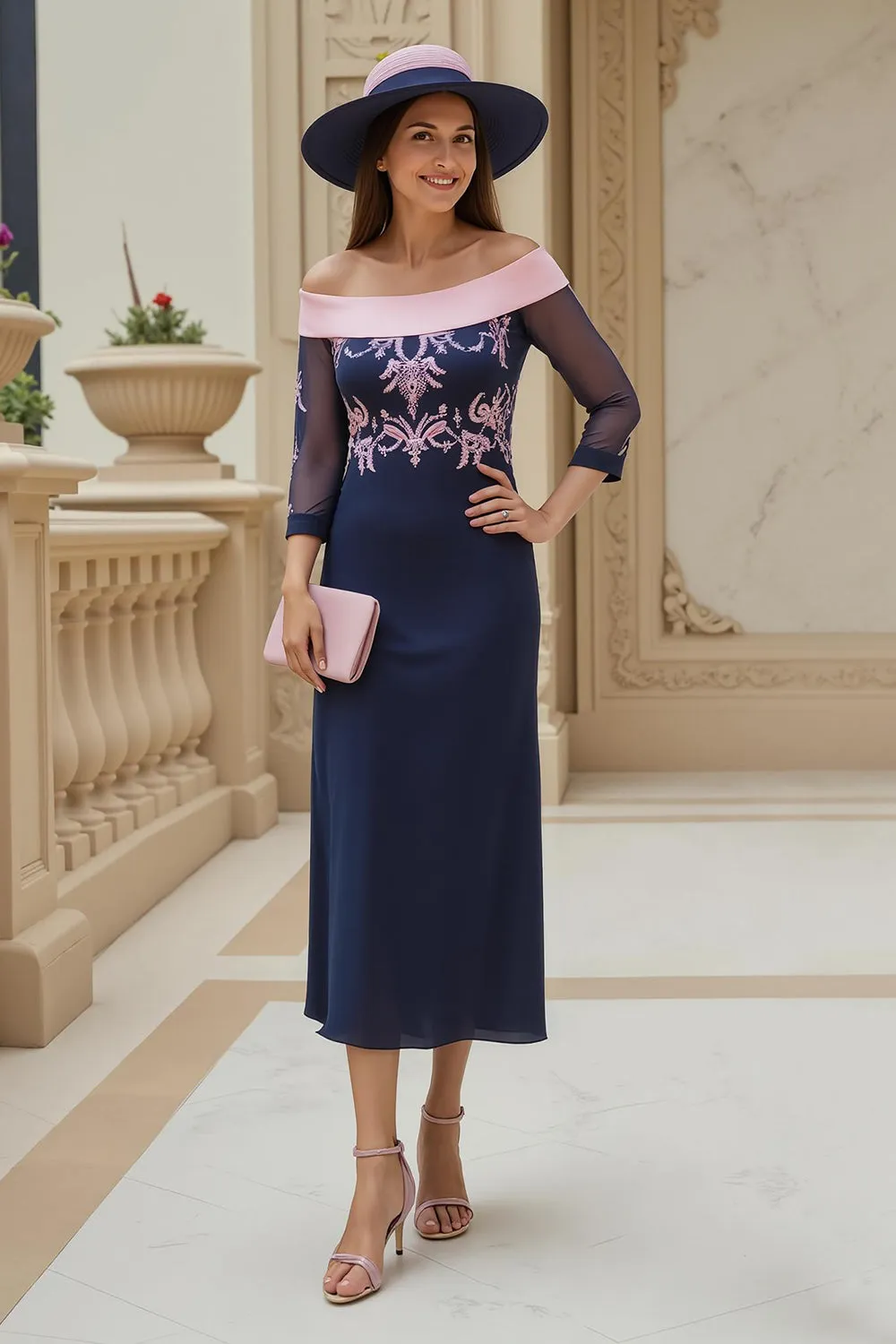 Off the Shoulder Chiffon Sheath Navy Wedding Guest Dress sold by Zapaka