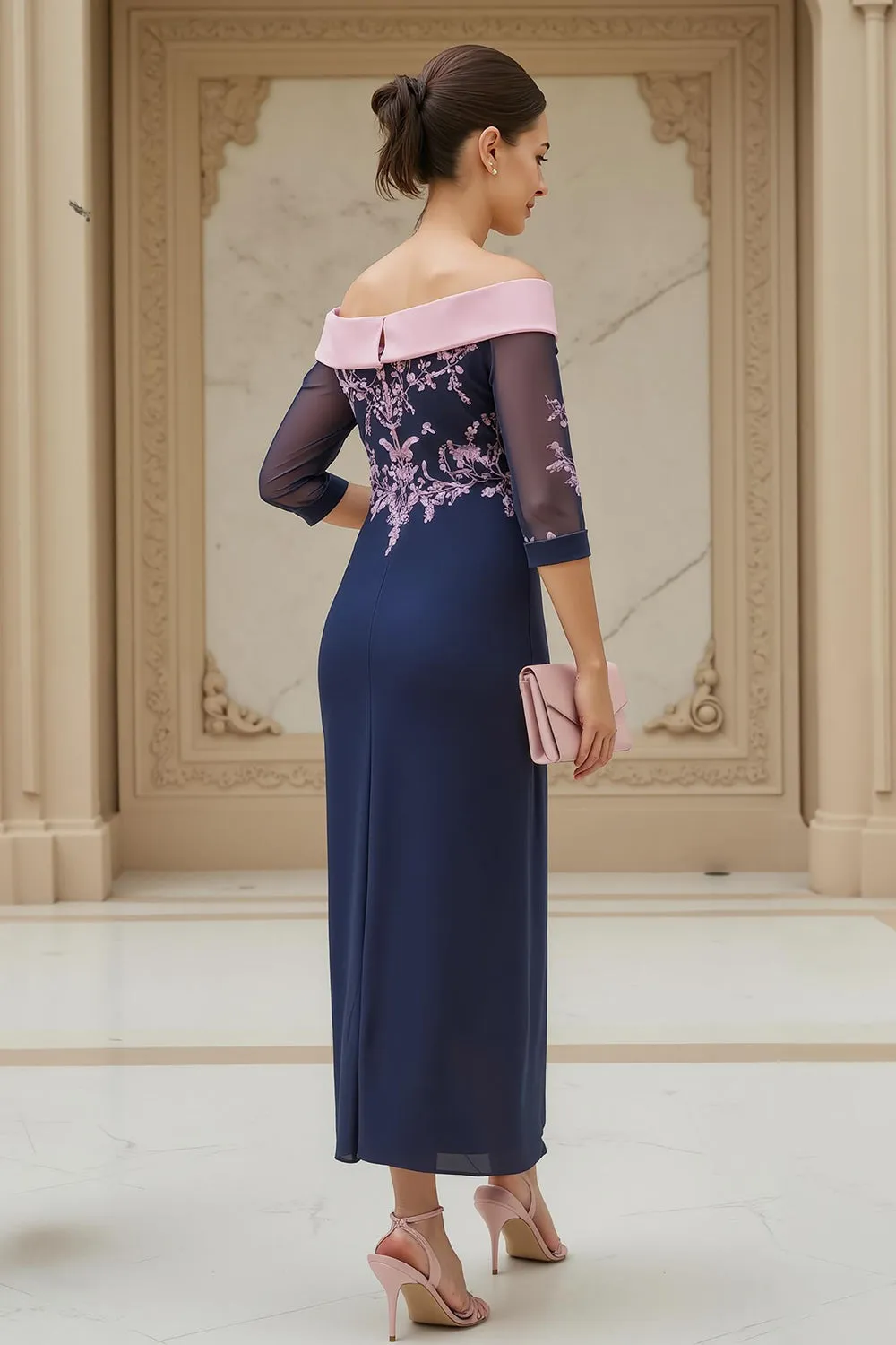 Off the Shoulder Chiffon Sheath Navy Wedding Guest Dress sold by Zapaka product image thumbnail 2