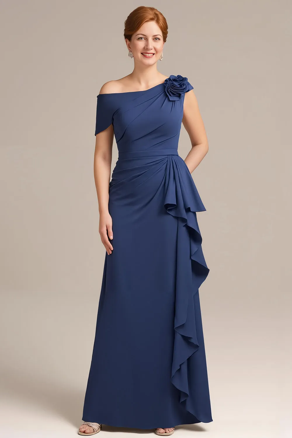 Navy Sheath One Shoulder Ruffled Long Mother of the Bride Dress with 3D Flower sold by Zapaka