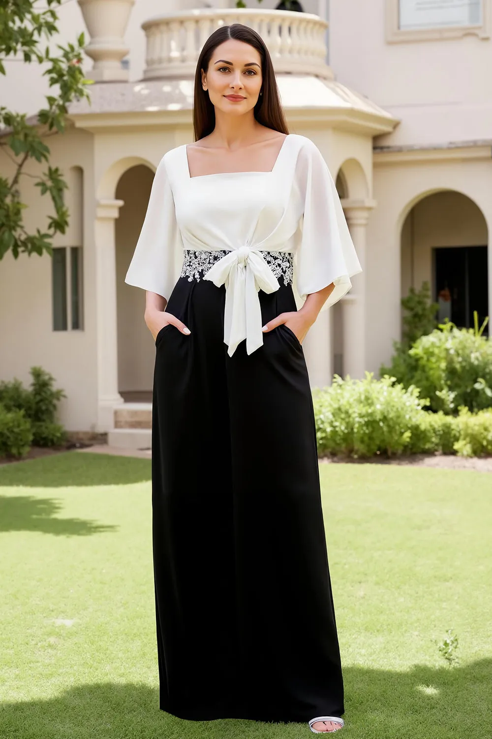 Black Square Neck A Line Chiffon Wedding Guest Dress sold by Zapaka