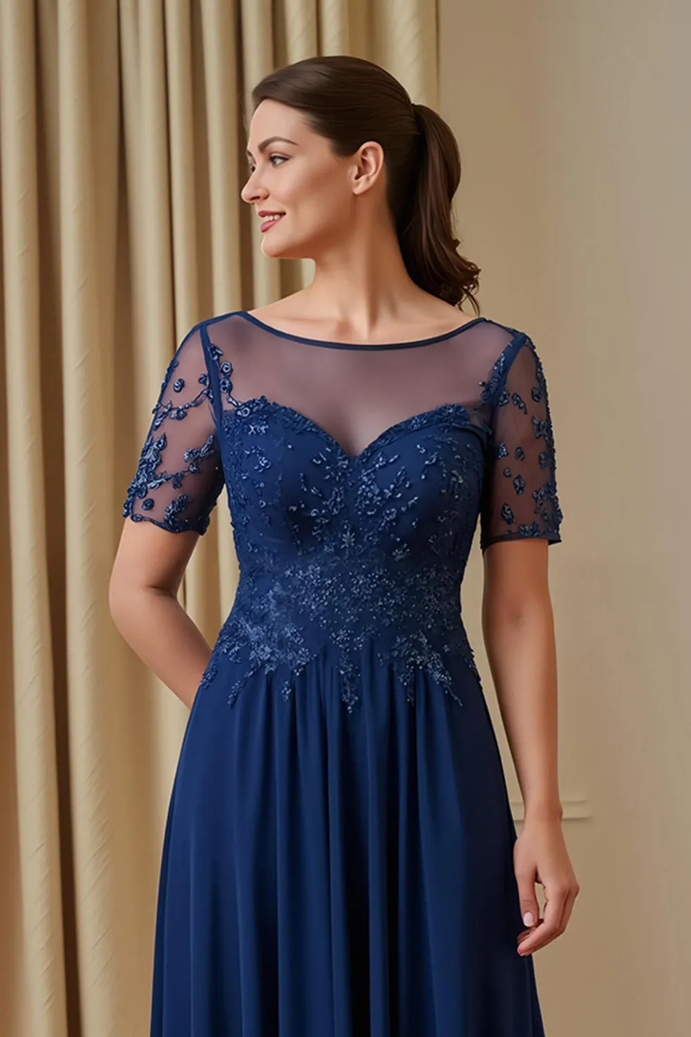 Navy Chiffon A Line Appliqued Illusion Boat Neck Long Mother of the Bride Dress with Sleeves sold by Zapaka product image thumbnail 3