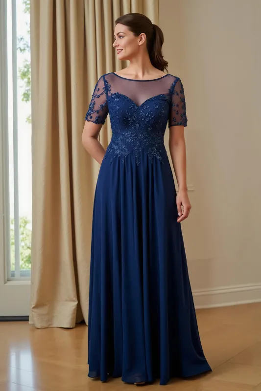 Navy Chiffon A Line Appliqued Illusion Boat Neck Long Mother of the Bride Dress with Sleeves sold by Zapaka