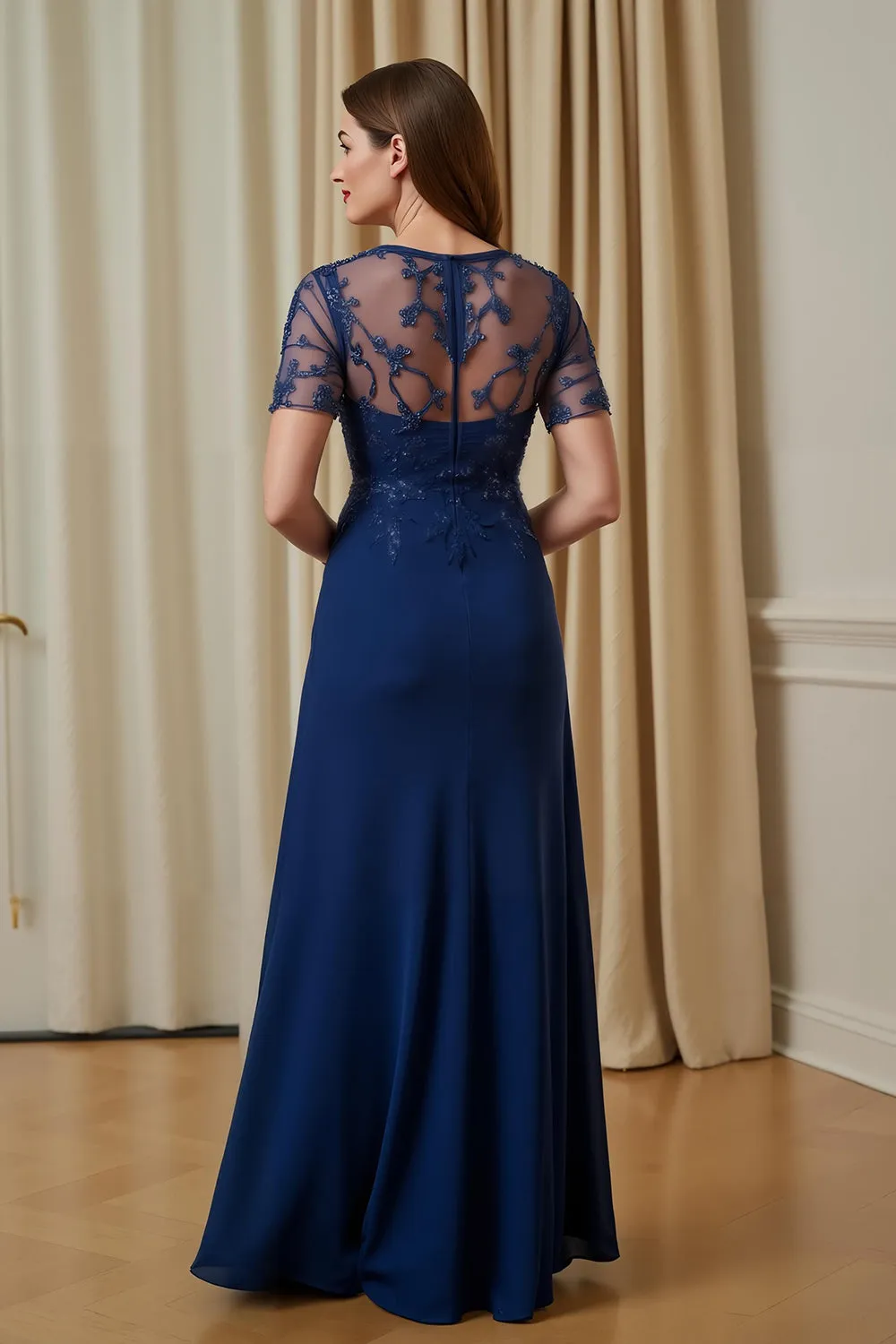 Navy Chiffon A Line Appliqued Illusion Boat Neck Long Mother of the Bride Dress with Sleeves sold by Zapaka product image thumbnail 2