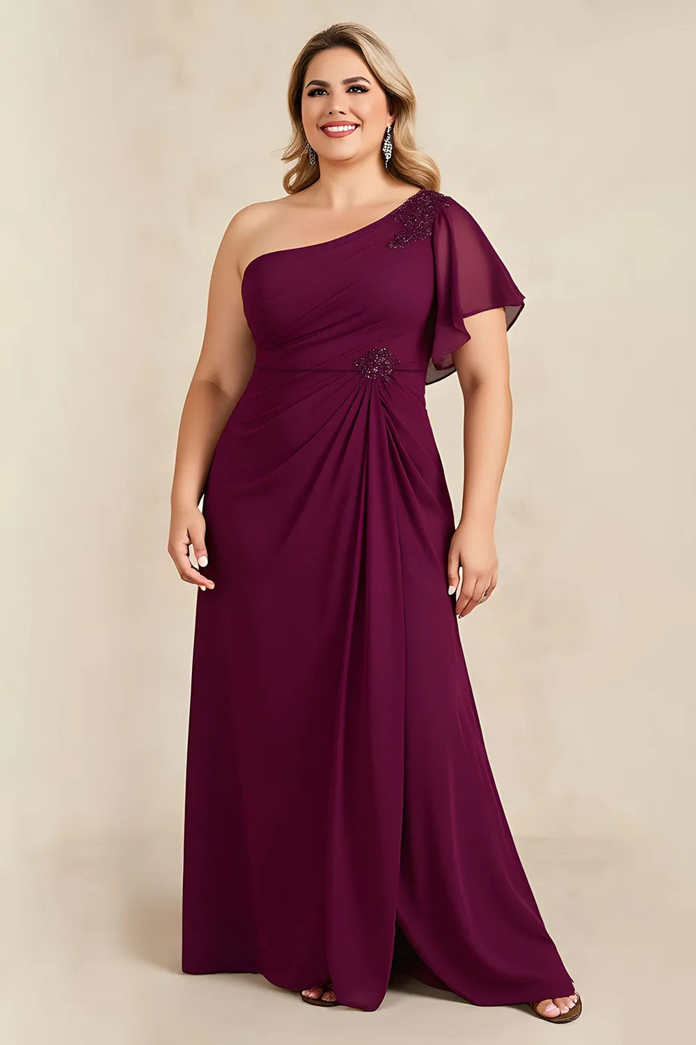 Burgundy Sheath Chiffon One Shoulder Long Mother of the Bride Dress with Beading sold by Zapaka