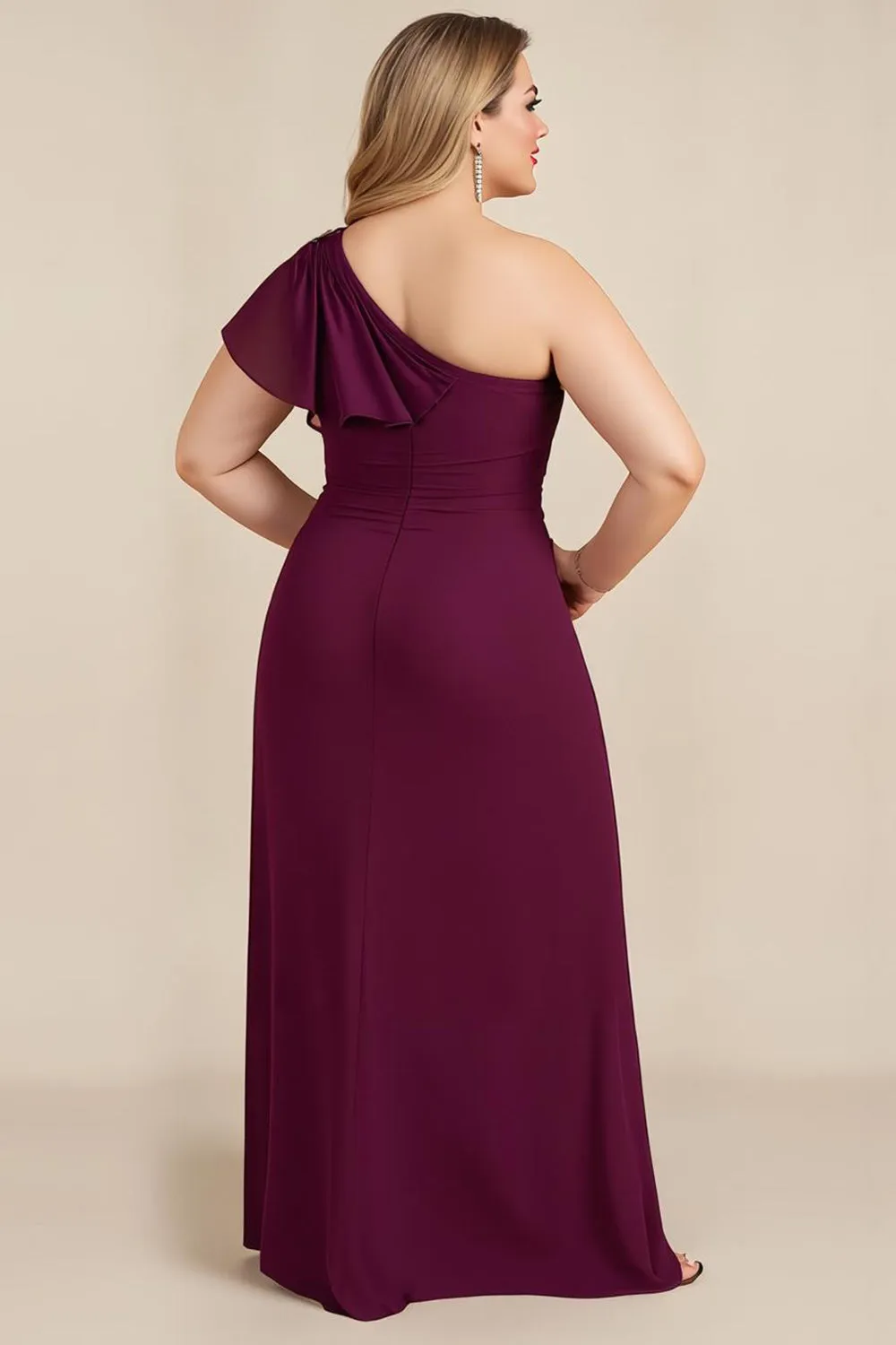 Burgundy Sheath Chiffon One Shoulder Long Mother of the Bride Dress with Beading sold by Zapaka product image thumbnail 2