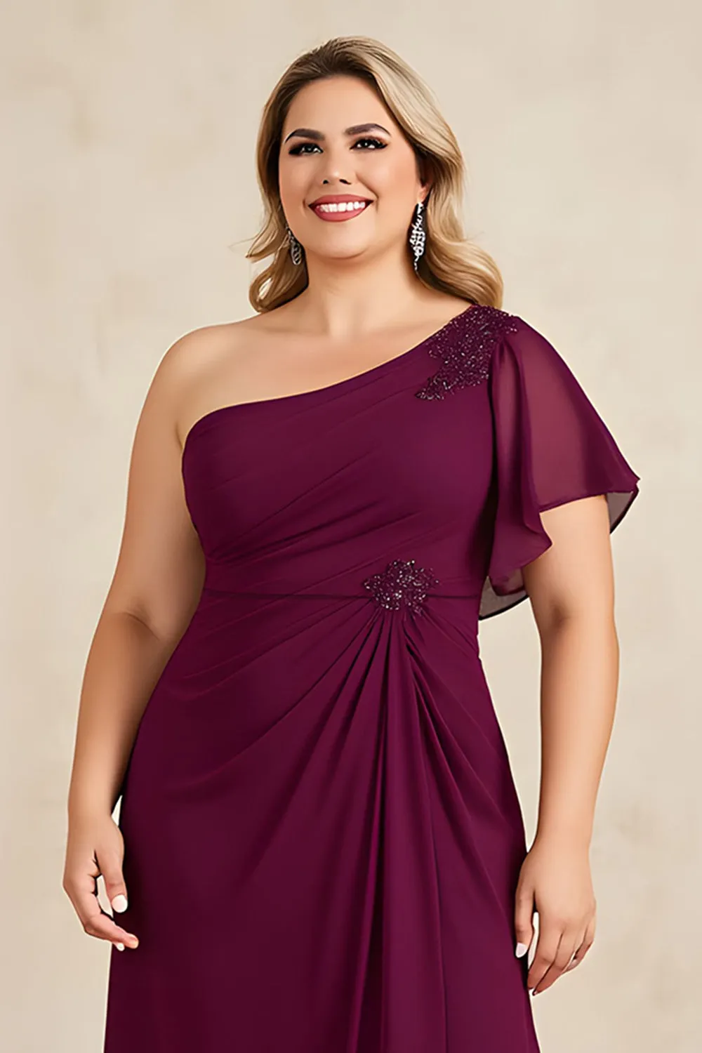 Burgundy Sheath Chiffon One Shoulder Long Mother of the Bride Dress with Beading sold by Zapaka product image thumbnail 3