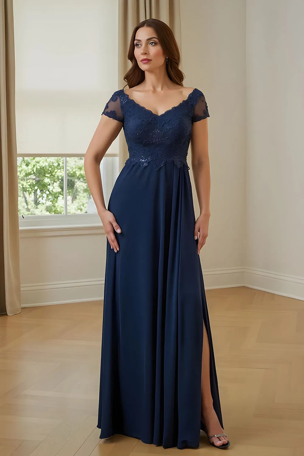 Navy A Line Chiffon Appliqued Long Mother of the Bride Dress with Slit sold by Zapaka