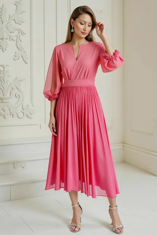 Hot Pink A Line Pleated Chiffon Wedding Guest Dress sold by Zapaka