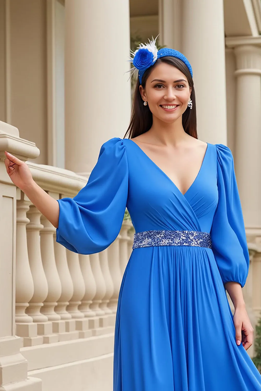 Blue A Line Chiffon V-Neck Long Mother of the Bride Dress with Sleeves sold by Zapaka product image thumbnail 4