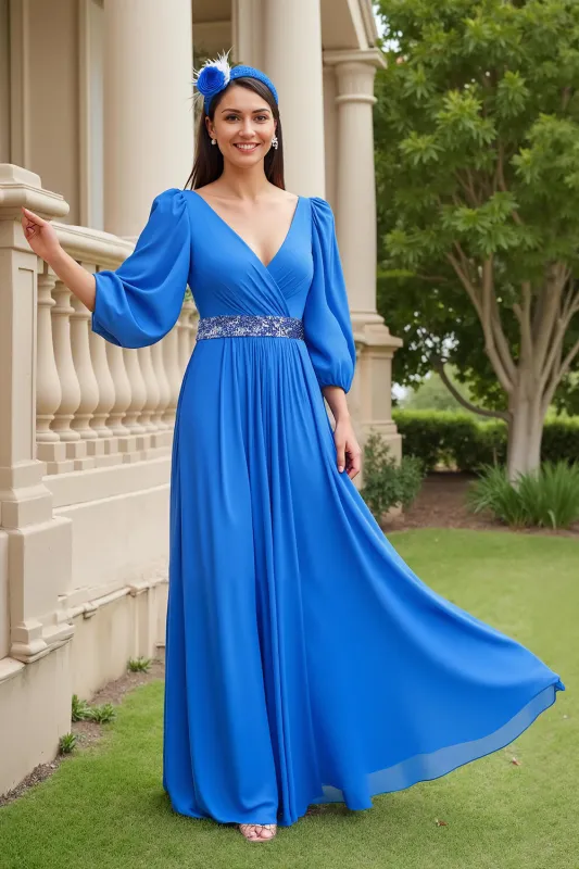 Blue A Line Chiffon V-Neck Long Mother of the Bride Dress with Sleeves sold by Zapaka