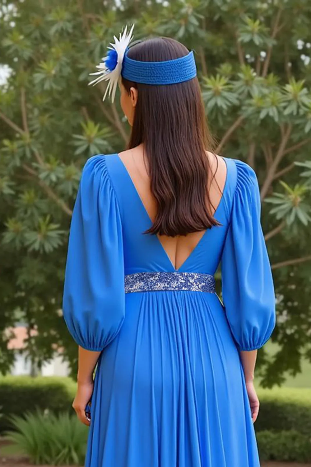Blue A Line Chiffon V-Neck Long Mother of the Bride Dress with Sleeves sold by Zapaka product image thumbnail 5