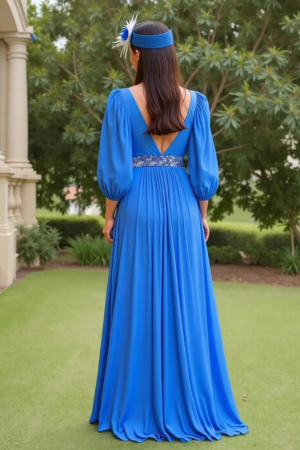 Blue A Line Chiffon V-Neck Long Mother of the Bride Dress with Sleeves sold by Zapaka product image thumbnail 2