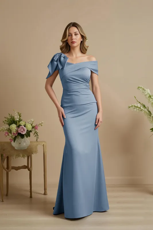 Dusty Blue Mermaid Satin Off The Shoulder Mother of the Bride Dress with Bow sold by Zapaka