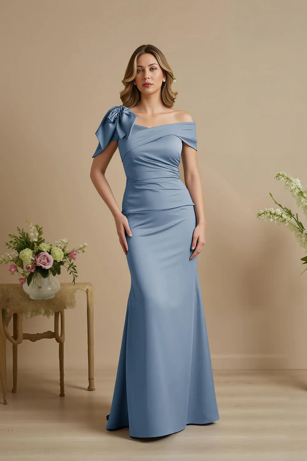 Dusty Blue Mermaid Satin Off The Shoulder Mother of the Bride Dress with Bow sold by Zapaka