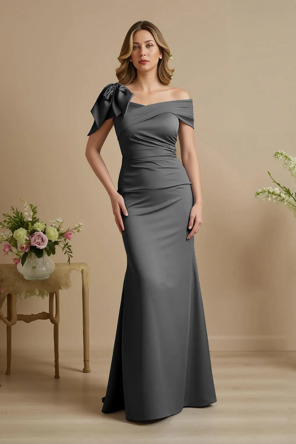 Dusty Blue Mermaid Satin Off The Shoulder Mother of the Bride Dress with Bow sold by Zapaka product image thumbnail 5