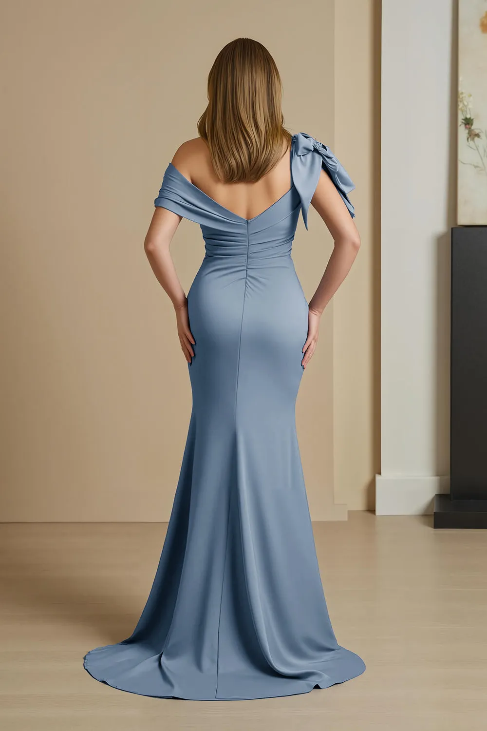Dusty Blue Mermaid Satin Off The Shoulder Mother of the Bride Dress with Bow sold by Zapaka product image thumbnail 2