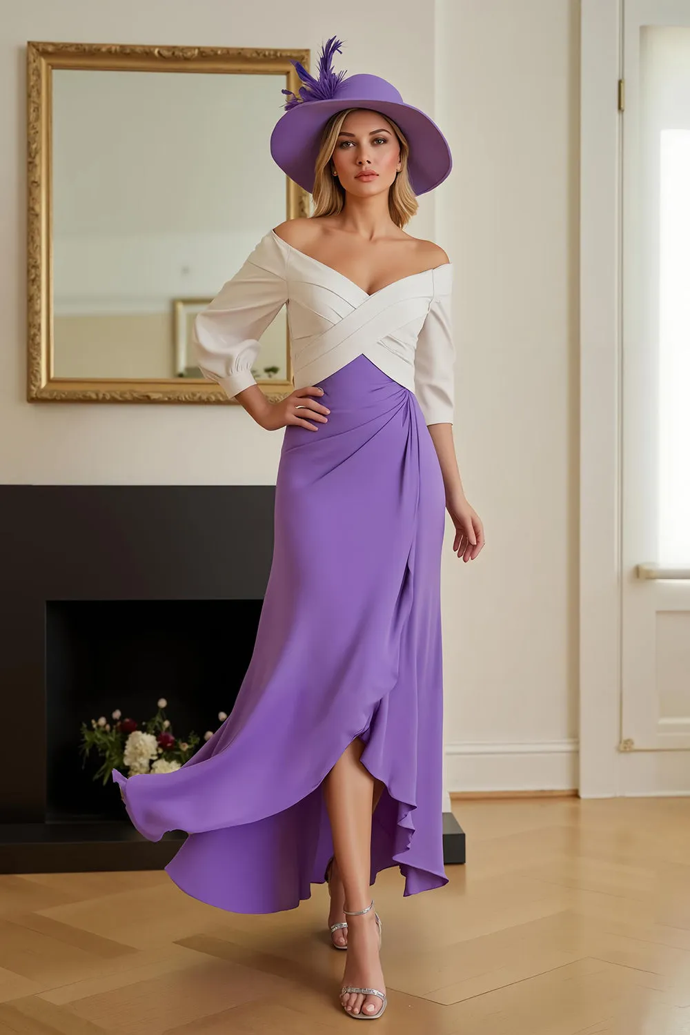 Purple Chiffon High-Low A Line Off the Shoulder Wedding Guest Dress sold by Zapaka